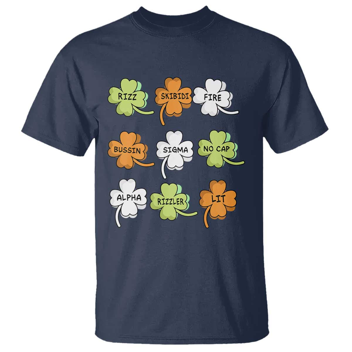 Funny Skibidi Rizz St Patrick's Day T Shirt Shamrock Clover Candy Rizzler Meme TS11 Navy Print Your Wear