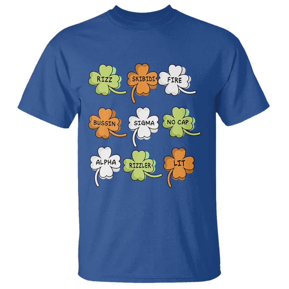 Funny Skibidi Rizz St Patrick's Day T Shirt Shamrock Clover Candy Rizzler Meme TS11 Royal Blue Print Your Wear