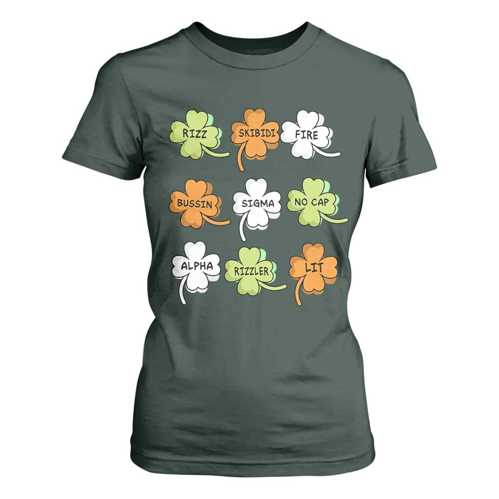 Funny Skibidi Rizz St Patrick's Day T Shirt For Women Shamrock Clover Candy Rizzler Meme TS11 Dark Forest Green Print Your Wear