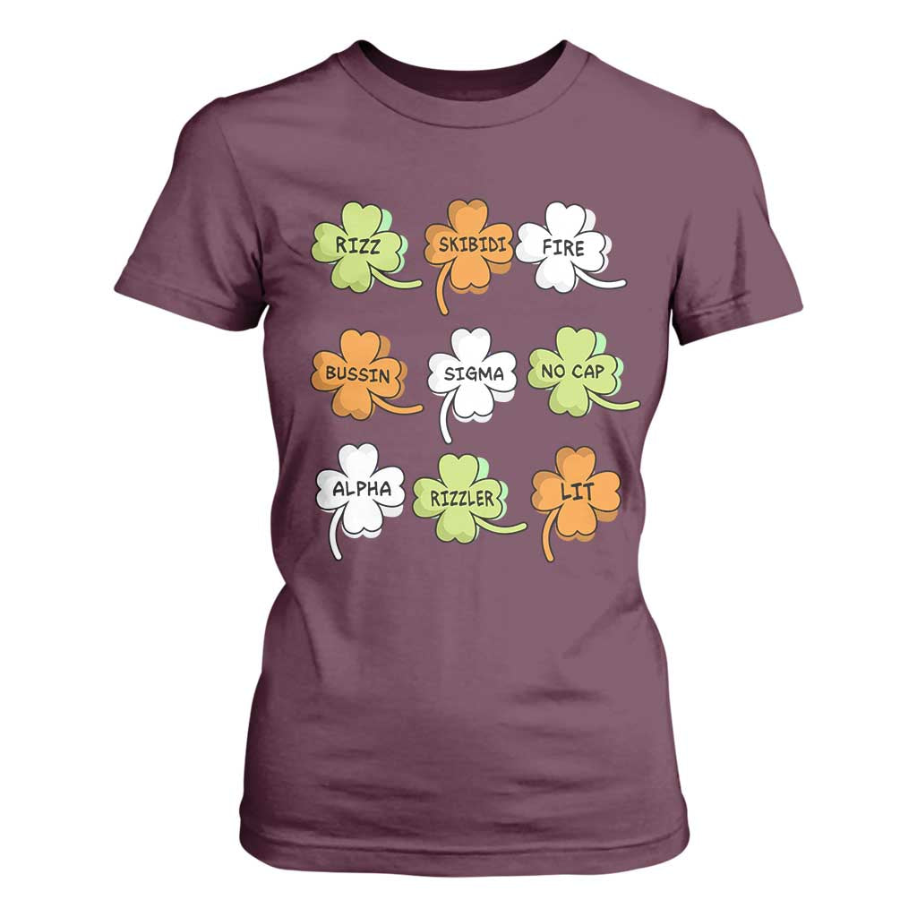 Funny Skibidi Rizz St Patrick's Day T Shirt For Women Shamrock Clover Candy Rizzler Meme TS11 Maroon Print Your Wear