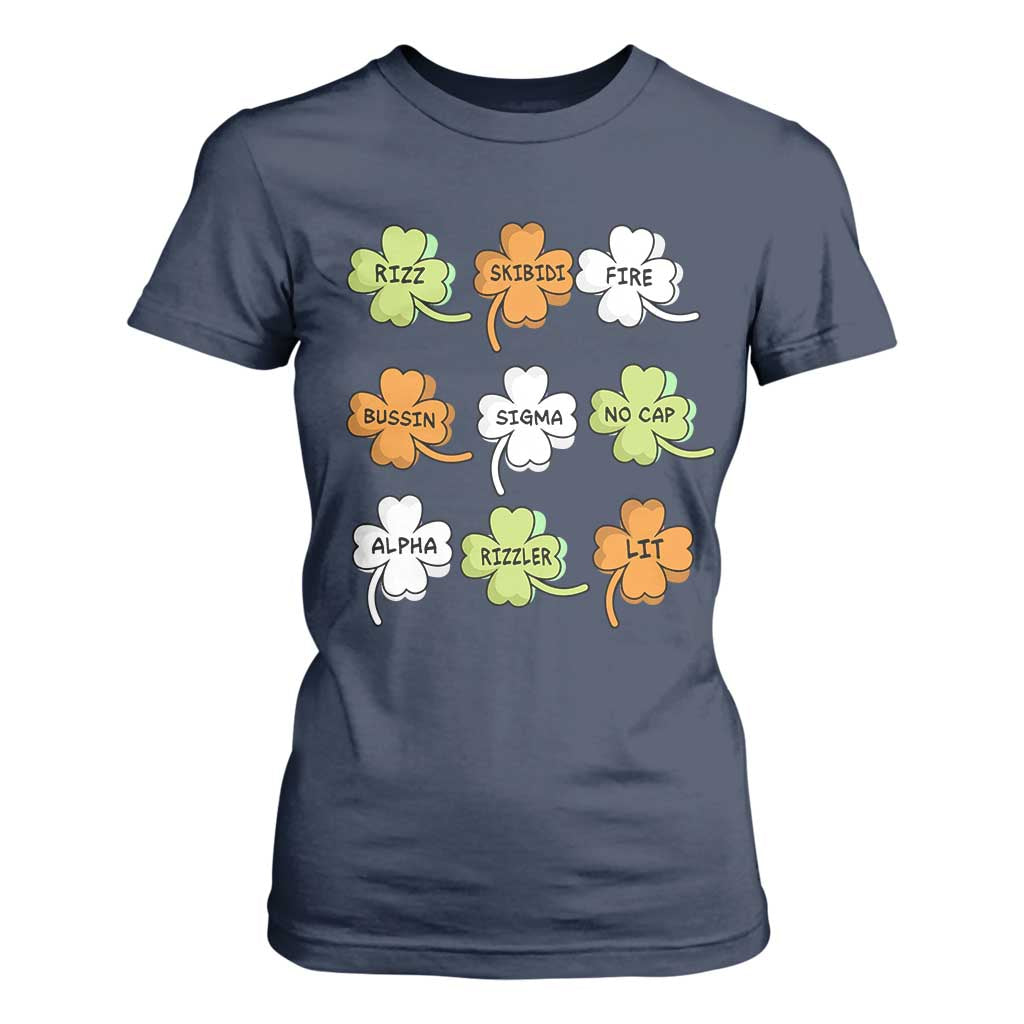 Funny Skibidi Rizz St Patrick's Day T Shirt For Women Shamrock Clover Candy Rizzler Meme TS11 Navy Print Your Wear