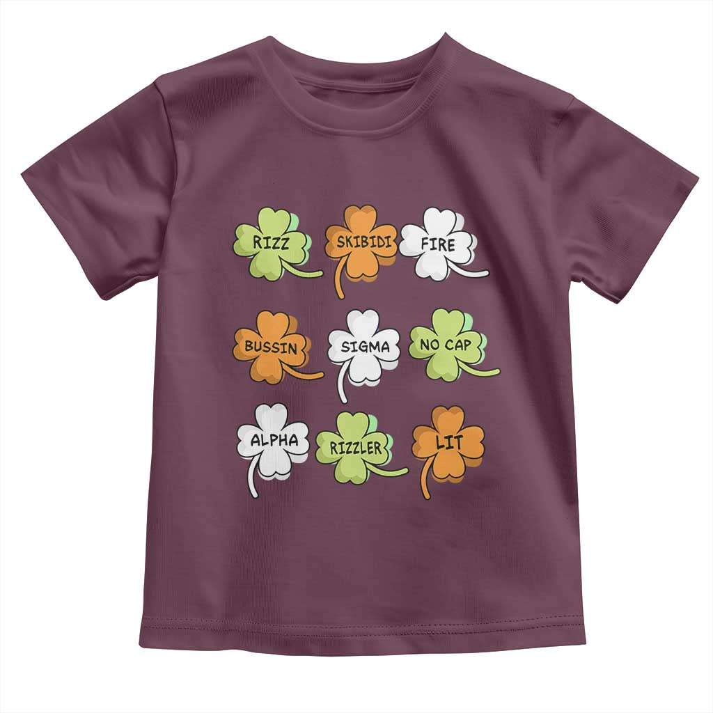 Funny Skibidi Rizz St Patrick's Day Toddler T Shirt Shamrock Clover Candy Rizzler Meme TS11 Maroon Print Your Wear