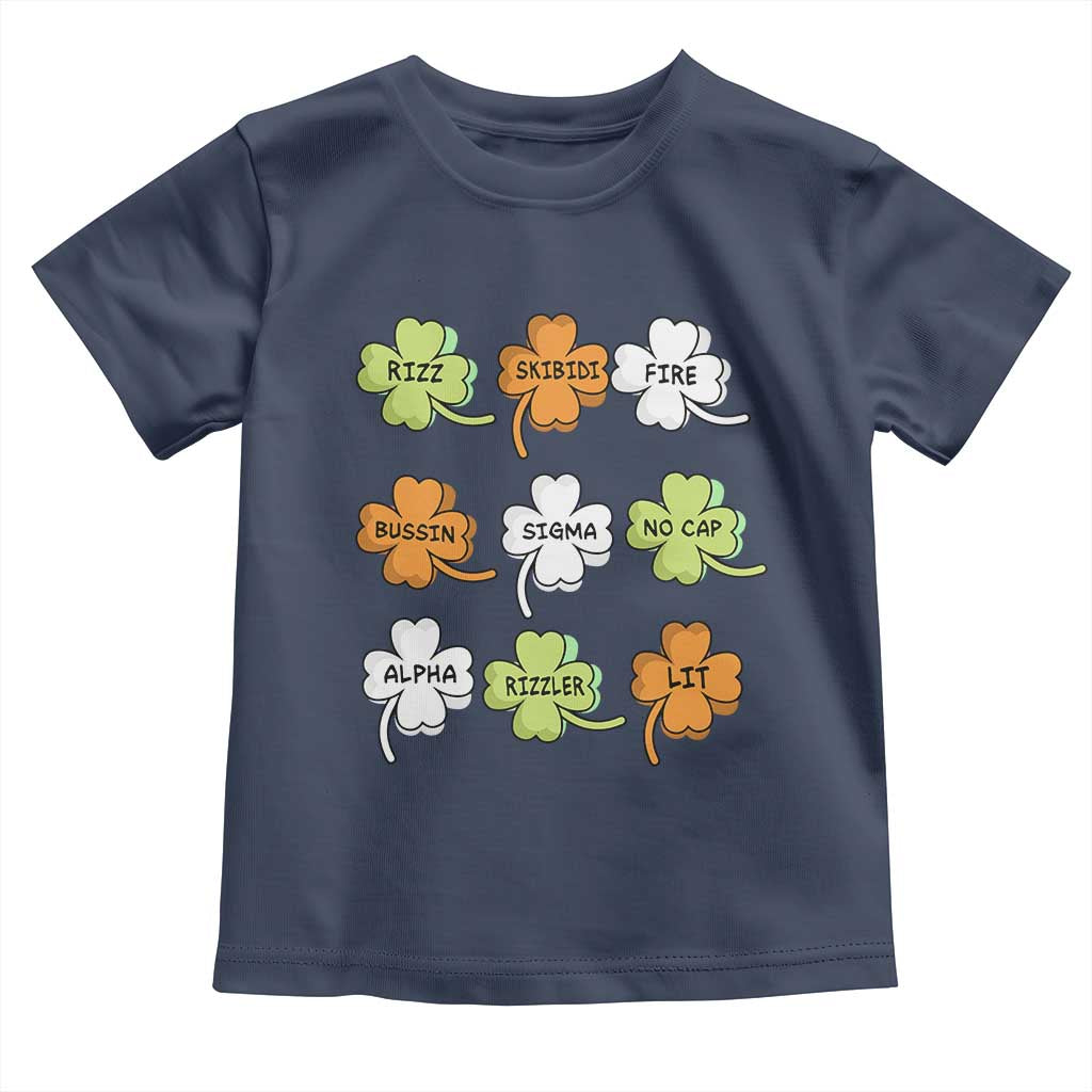 Funny Skibidi Rizz St Patrick's Day Toddler T Shirt Shamrock Clover Candy Rizzler Meme TS11 Navy Print Your Wear