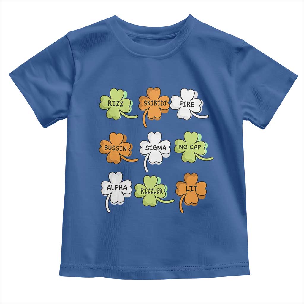 Funny Skibidi Rizz St Patrick's Day Toddler T Shirt Shamrock Clover Candy Rizzler Meme TS11 Royal Blue Print Your Wear