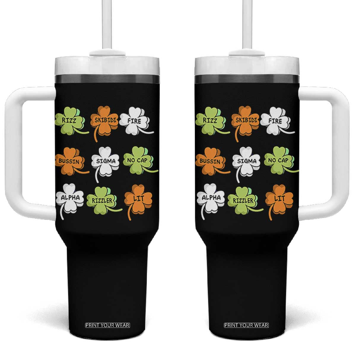 Funny Skibidi Rizz St Patrick's Day Tumbler With Handle Shamrock Clover Candy Rizzler Meme TS11 One Size: 40 oz Black Print Your Wear