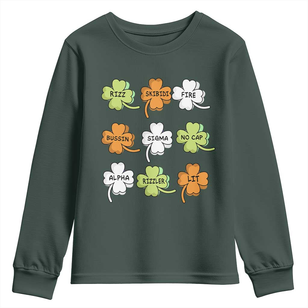 Funny Skibidi Rizz St Patrick's Day Youth Sweatshirt Shamrock Clover Candy Rizzler Meme TS11 Dark Forest Green Print Your Wear
