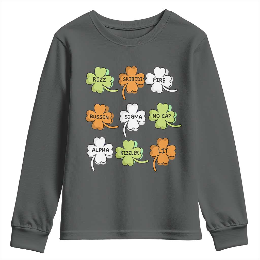 Funny Skibidi Rizz St Patrick's Day Youth Sweatshirt Shamrock Clover Candy Rizzler Meme TS11 Dark Heather Print Your Wear