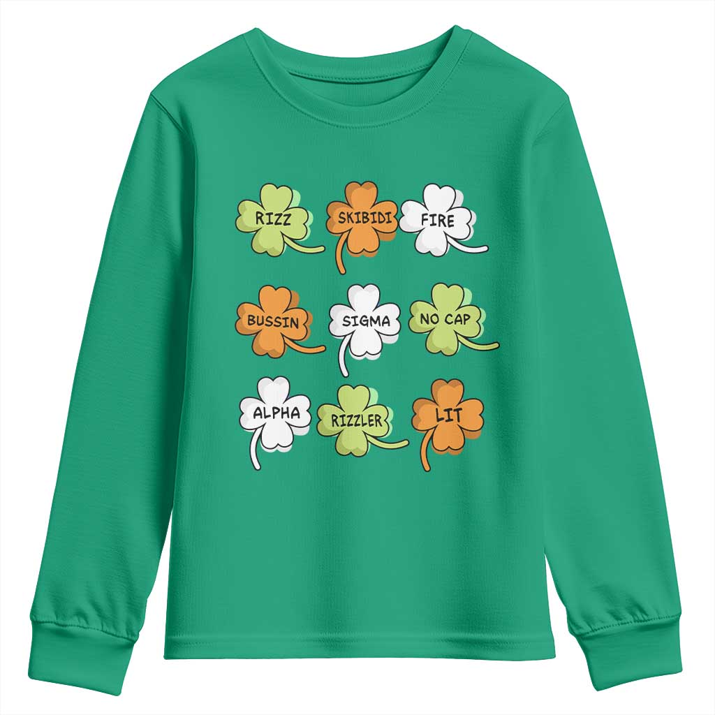 Funny Skibidi Rizz St Patrick's Day Youth Sweatshirt Shamrock Clover Candy Rizzler Meme TS11 Irish Green Print Your Wear