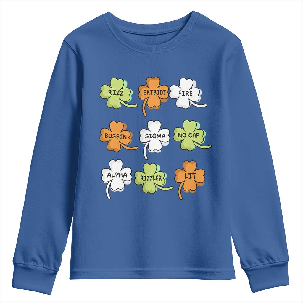 Funny Skibidi Rizz St Patrick's Day Youth Sweatshirt Shamrock Clover Candy Rizzler Meme TS11 Royal Blue Print Your Wear