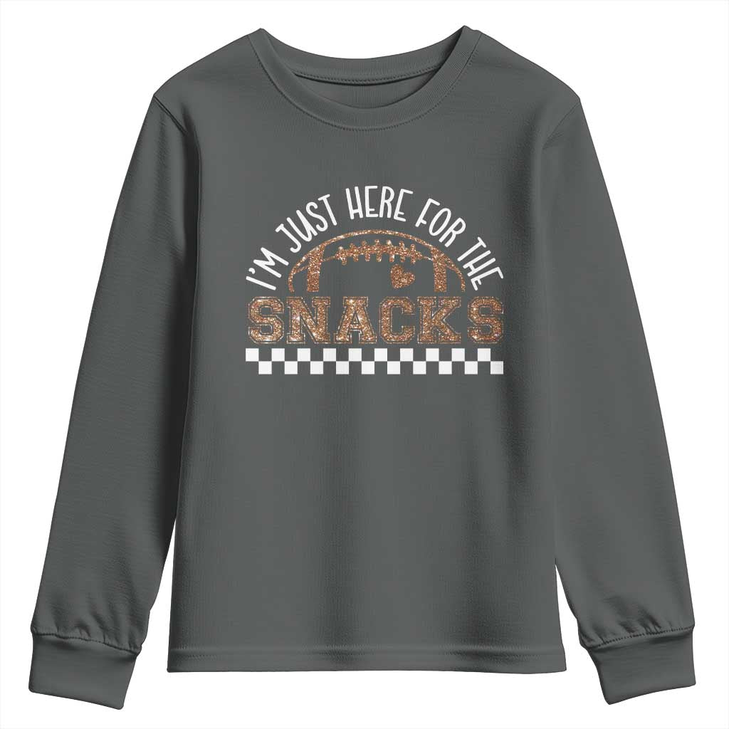 Funny American Football I'm Just Here For The Snacks Youth Sweatshirt Glitter Print TS11 Dark Heather Print Your Wear