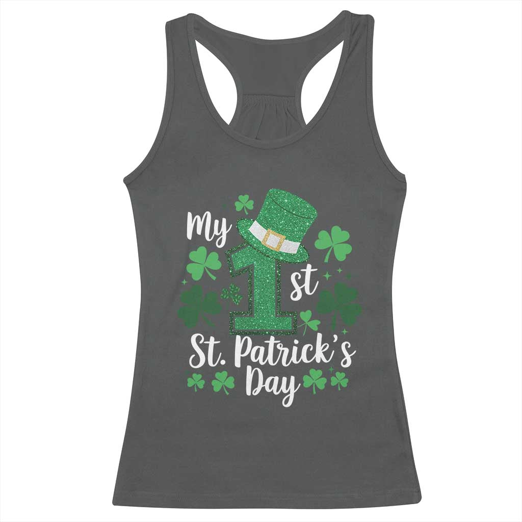 Funny My 1st St Patrick's Day Racerback Tank Top Shamrock Glitter Print TS11 Dark Heather Print Your Wear