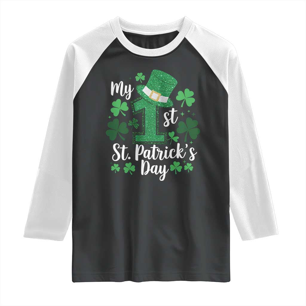 Funny My 1st St Patrick's Day Raglan Shirt Shamrock Glitter Print TS11 Black White Print Your Wear