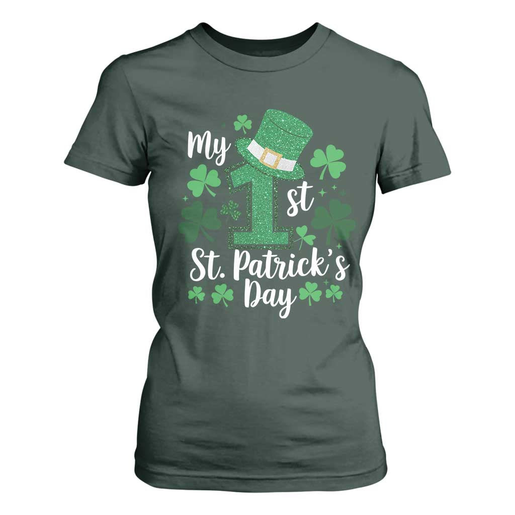 Funny My 1st St Patrick's Day T Shirt For Women Shamrock Glitter Print TS11 Dark Forest Green Print Your Wear