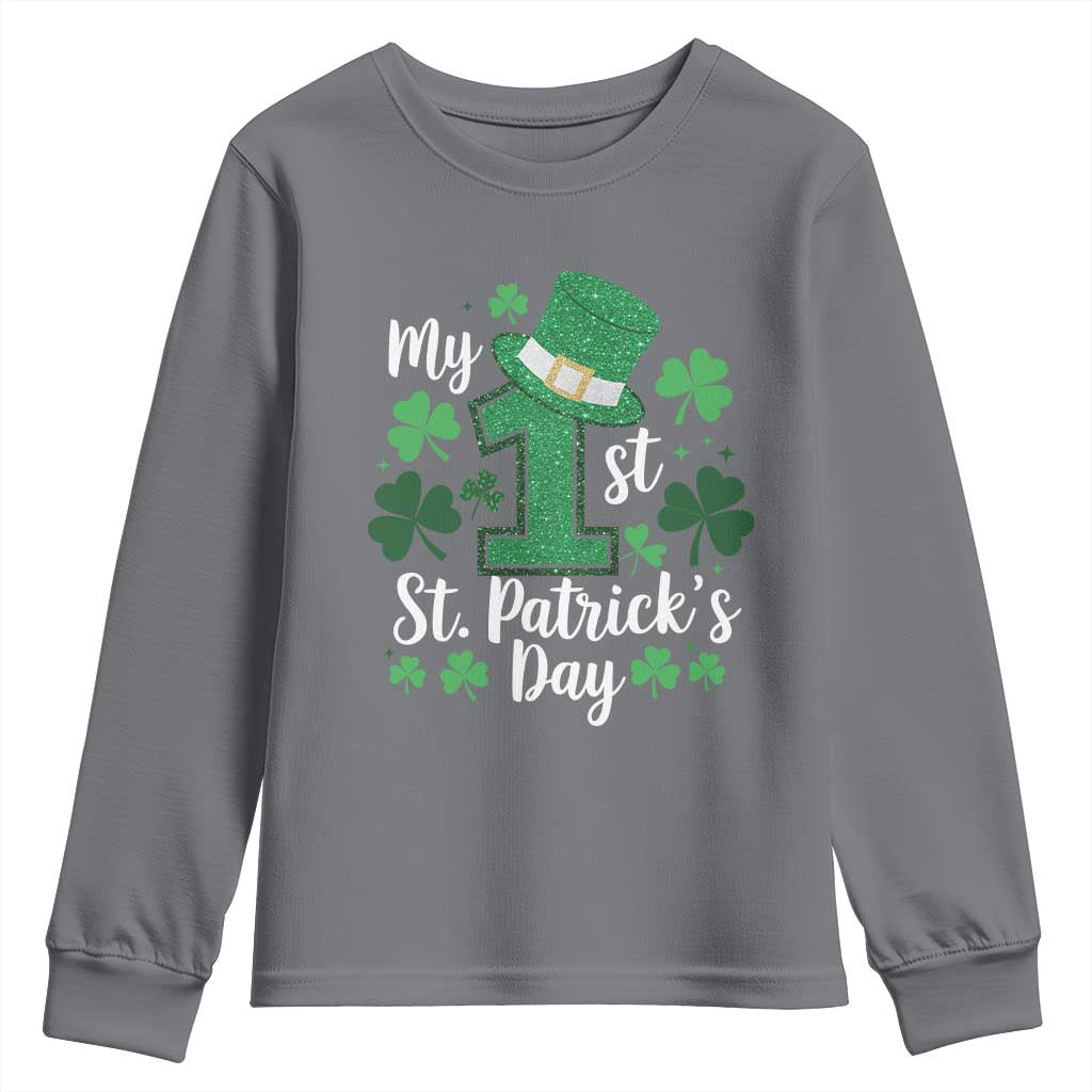 Funny My 1st St Patrick's Day Youth Sweatshirt Shamrock Glitter Print TS11 Charcoal Print Your Wear
