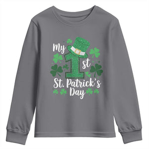 Funny My 1st St Patrick's Day Youth Sweatshirt Shamrock Glitter Print TS11 Charcoal Print Your Wear