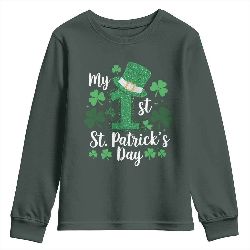 Funny My 1st St Patrick's Day Youth Sweatshirt Shamrock Glitter Print TS11 Dark Forest Green Print Your Wear
