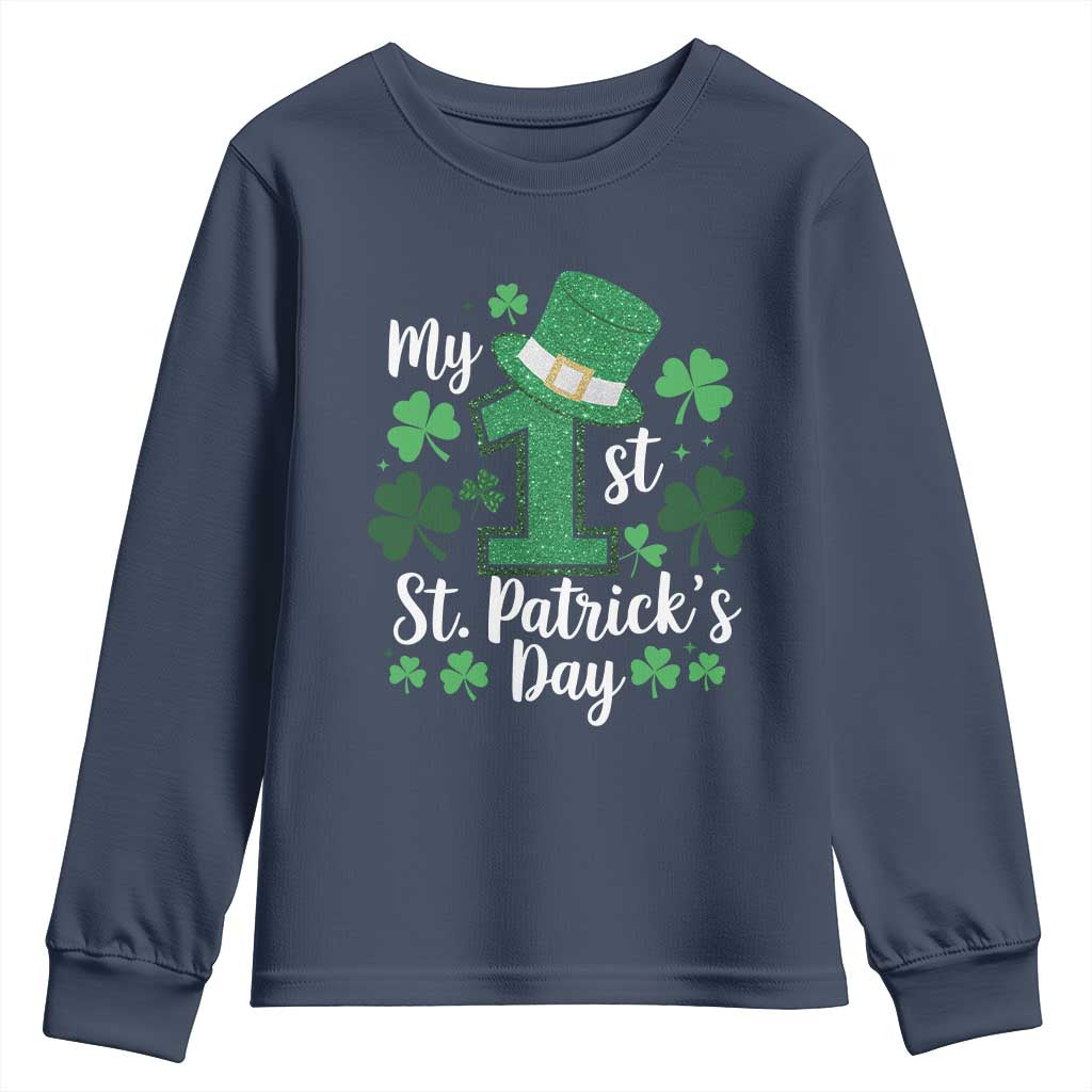 Funny My 1st St Patrick's Day Youth Sweatshirt Shamrock Glitter Print TS11 Navy Print Your Wear