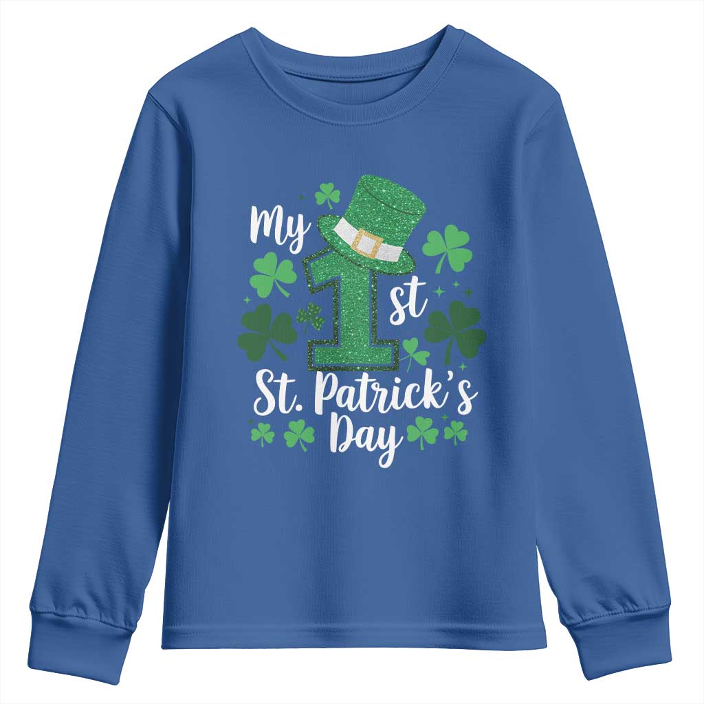 Funny My 1st St Patrick's Day Youth Sweatshirt Shamrock Glitter Print TS11 Royal Blue Print Your Wear