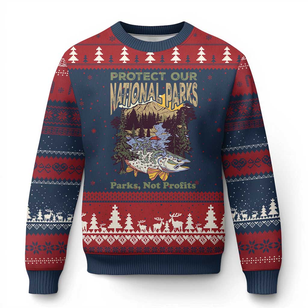 Protect Our National Parks Not Profits Ugly Christmas Sweater Keep Wild Nature Fish Forest TS11 Navy Red Print Your Wear