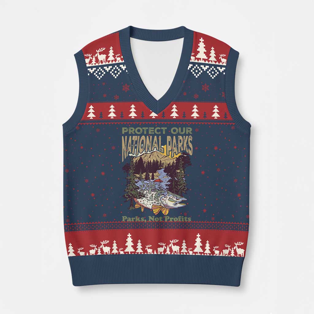Protect Our National Parks Not Profits V-Neck Knit Sweater Vest Keep Wild Nature Fish Forest TS11 Navy Red Print Your Wear