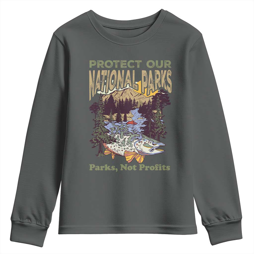 Protect Our National Parks Not Profits Youth Sweatshirt Keep Wild Nature Fish Forest TS11 Dark Heather Print Your Wear