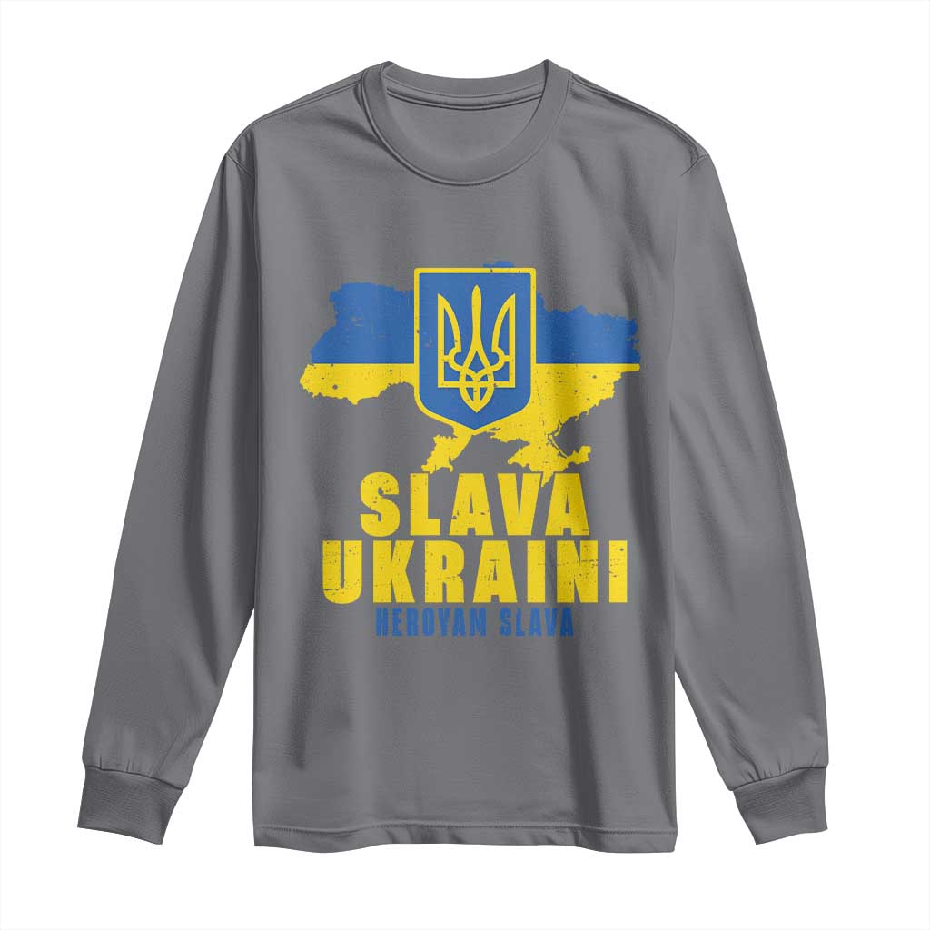 Slava Ukraini Heroyam Slava Long Sleeve Shirt Vintage Ukrainian Flag TS11 Charcoal Print Your Wear