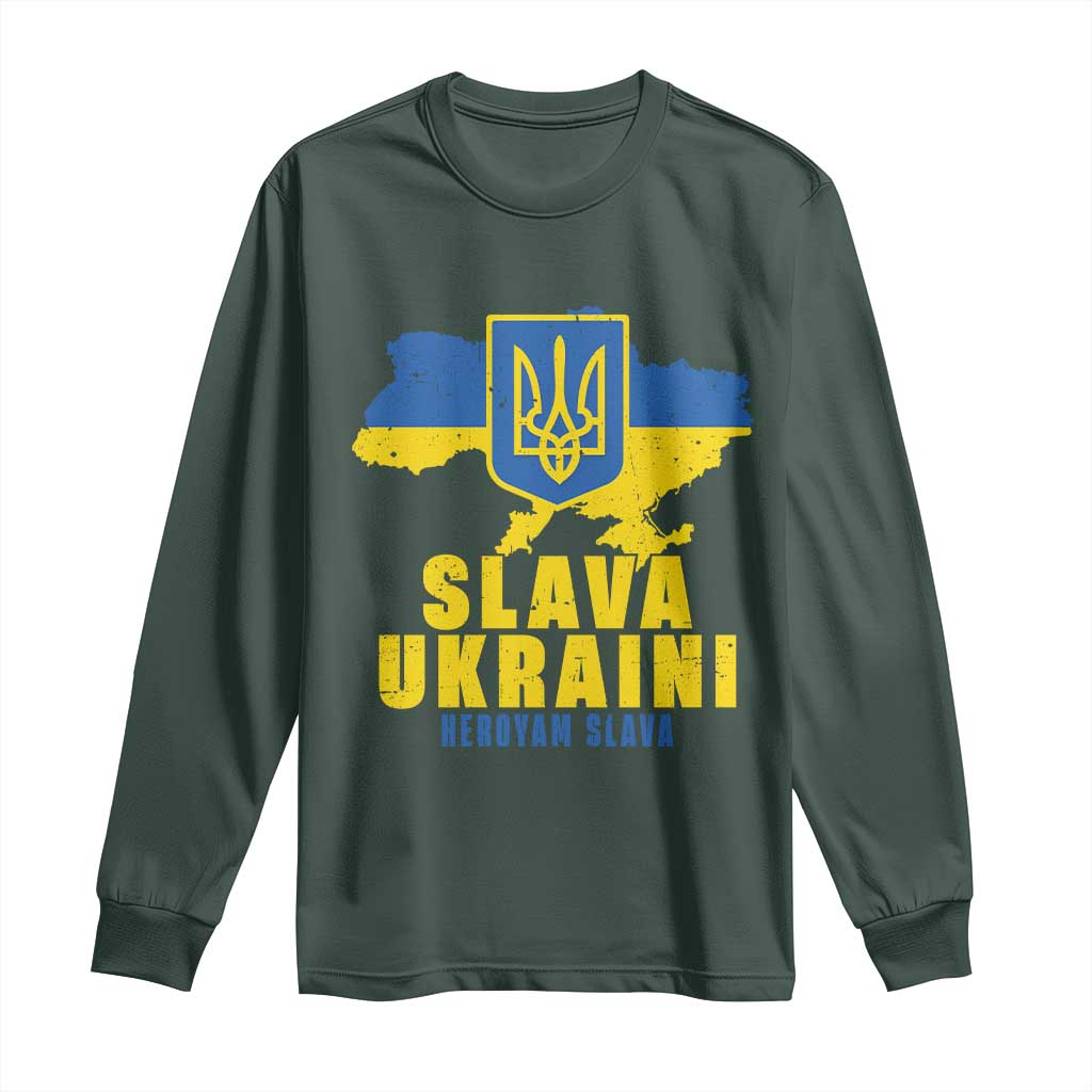 Slava Ukraini Heroyam Slava Long Sleeve Shirt Vintage Ukrainian Flag TS11 Dark Forest Green Print Your Wear