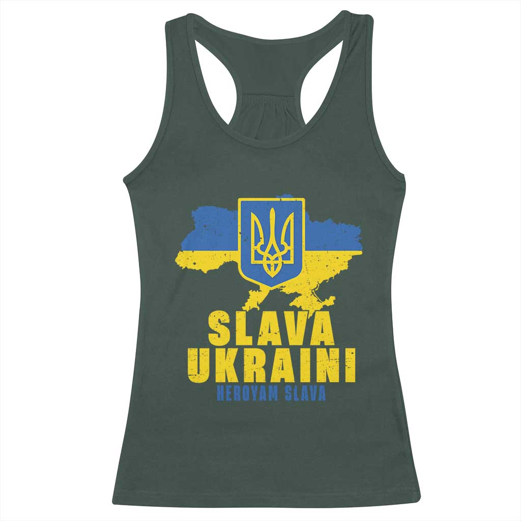 Slava Ukraini Heroyam Slava Racerback Tank Top Vintage Ukrainian Flag TS11 Dark Forest Green Print Your Wear
