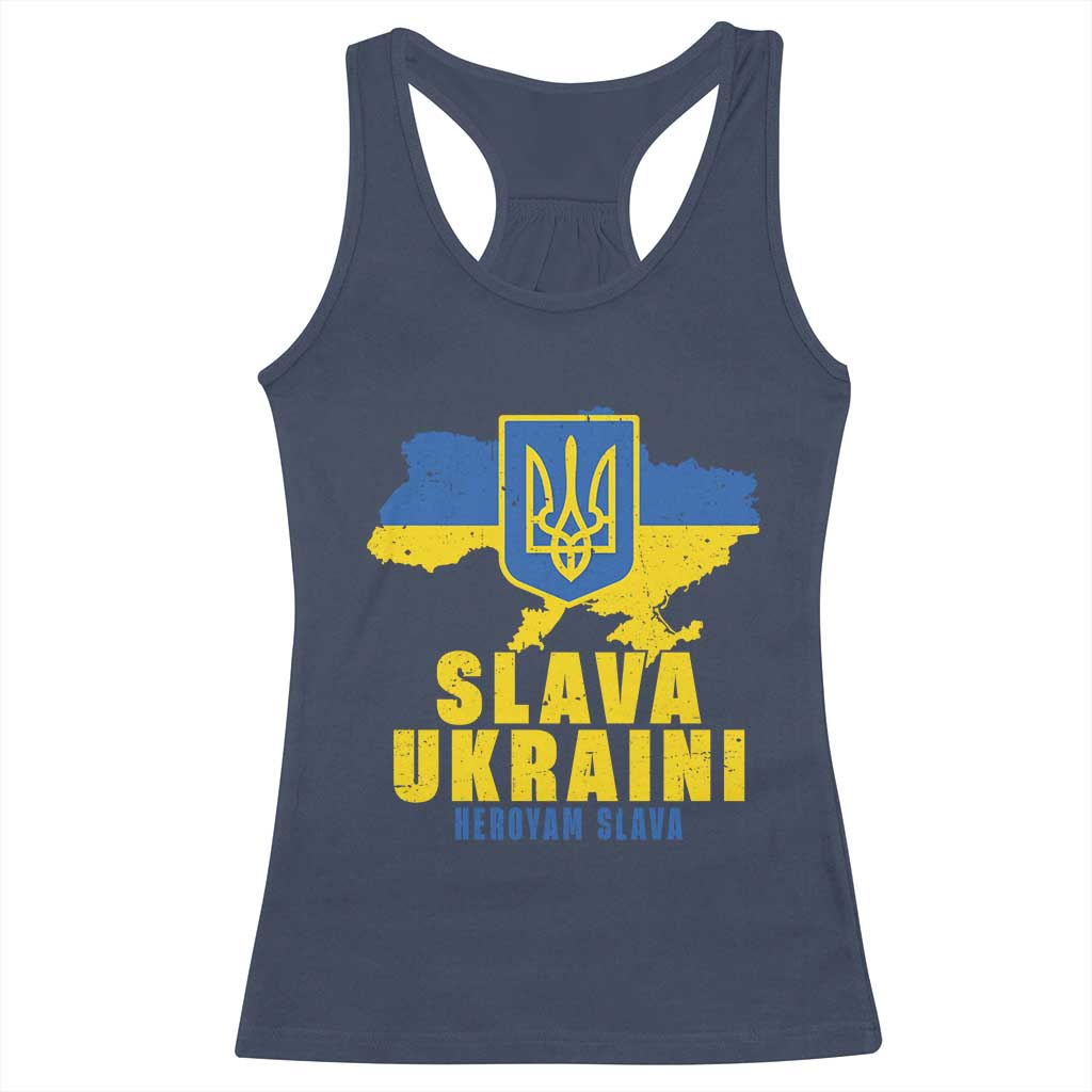 Slava Ukraini Heroyam Slava Racerback Tank Top Vintage Ukrainian Flag TS11 Navy Print Your Wear