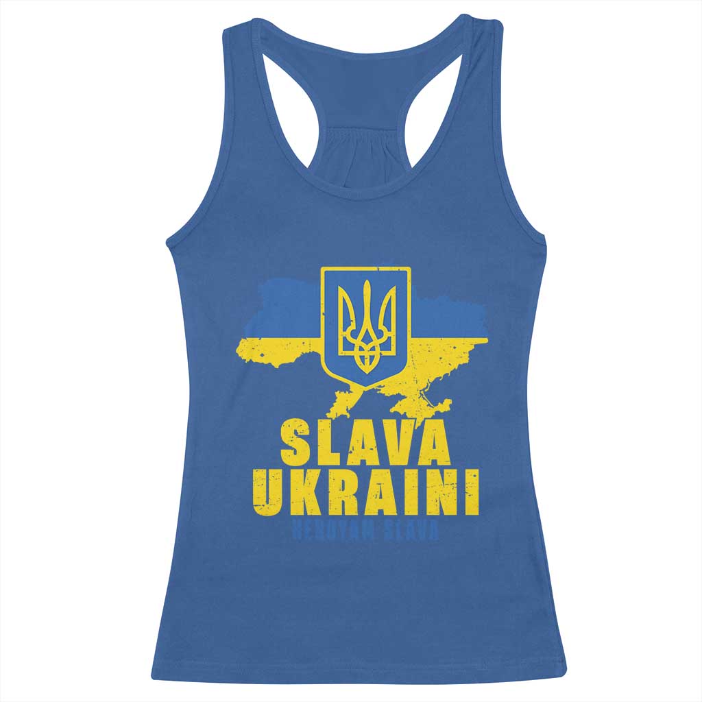Slava Ukraini Heroyam Slava Racerback Tank Top Vintage Ukrainian Flag TS11 Royal Blue Print Your Wear