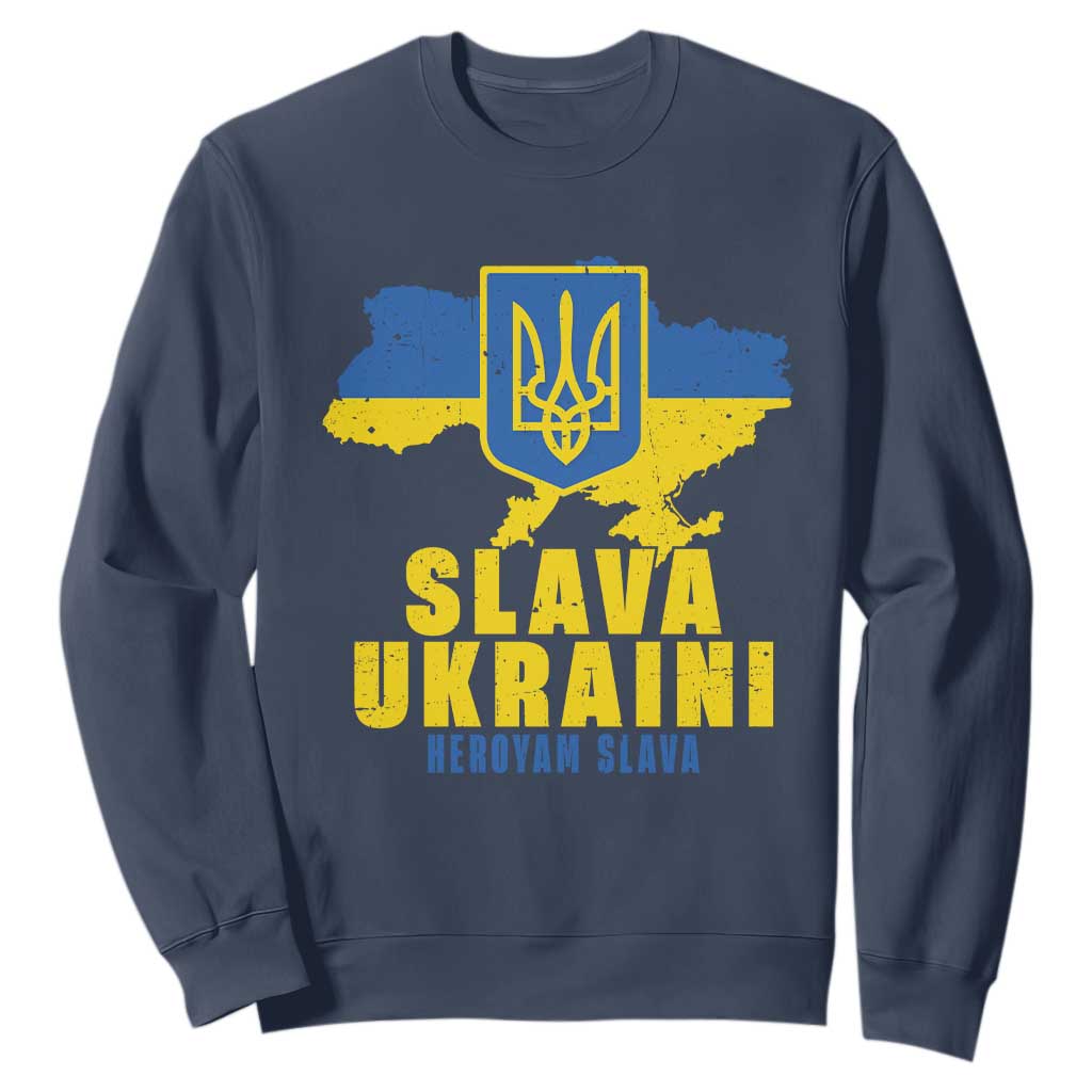 Slava Ukraini Heroyam Slava Sweatshirt Vintage Ukrainian Flag TS11 Navy Print Your Wear