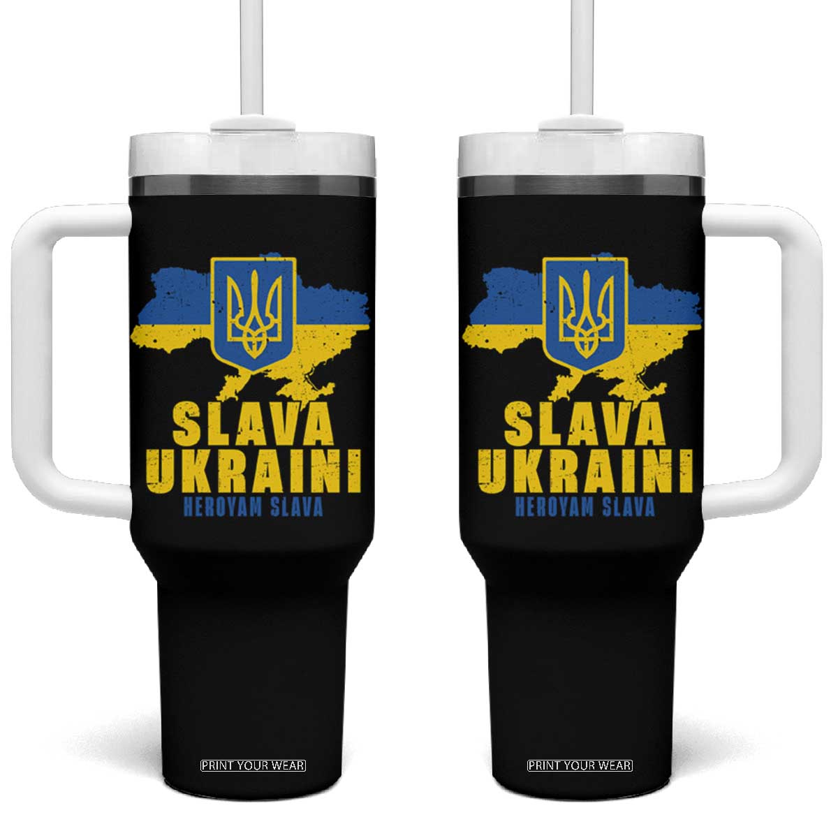 Slava Ukraini Heroyam Slava Tumbler With Handle Vintage Ukrainian Flag TS11 One Size: 40 oz Black Print Your Wear