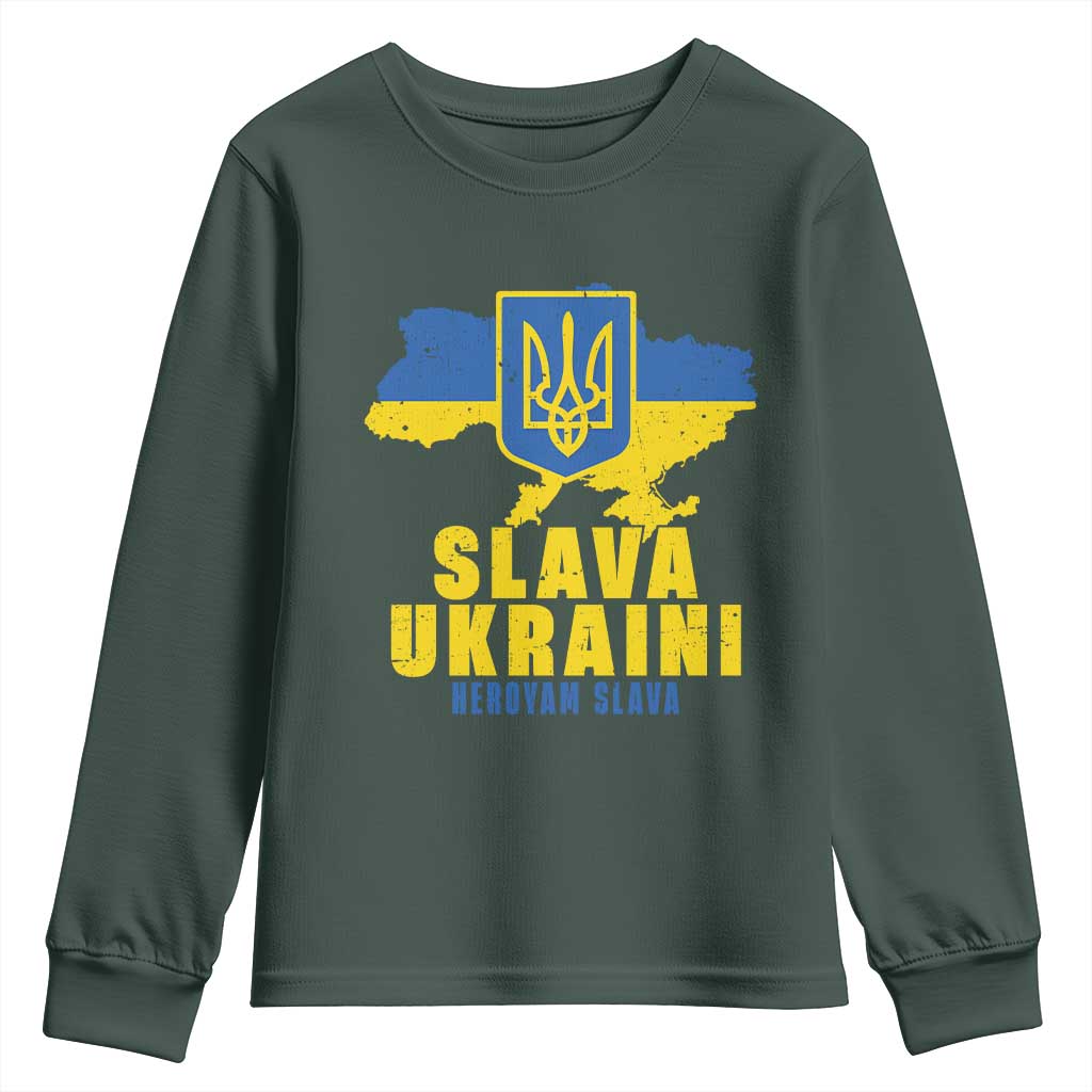 Slava Ukraini Heroyam Slava Youth Sweatshirt Vintage Ukrainian Flag TS11 Dark Forest Green Print Your Wear