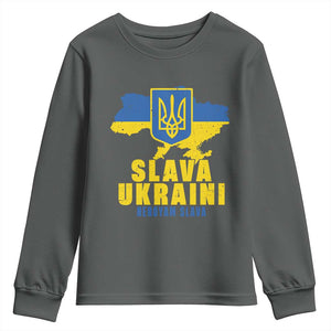 Slava Ukraini Heroyam Slava Youth Sweatshirt Vintage Ukrainian Flag TS11 Dark Heather Print Your Wear