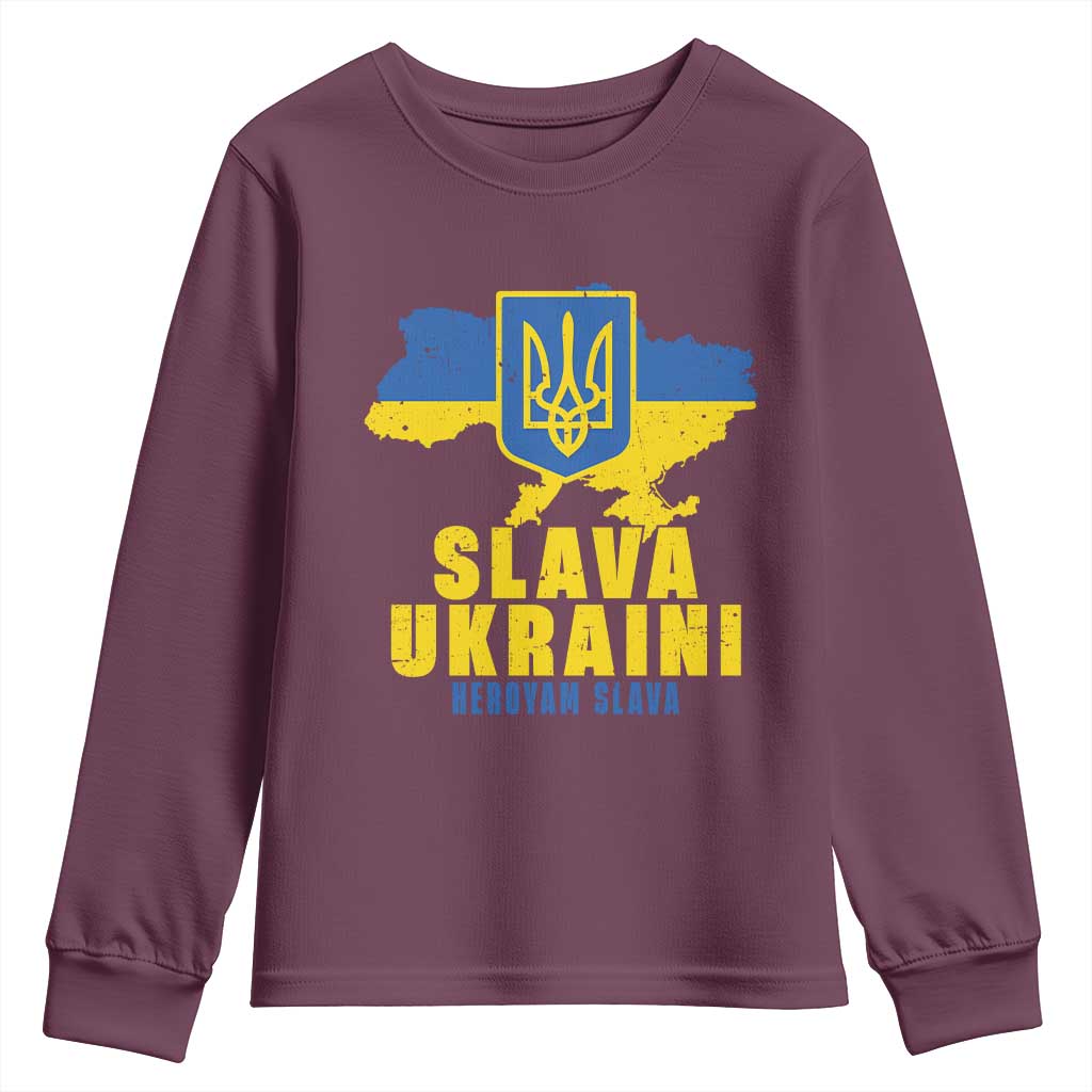 Slava Ukraini Heroyam Slava Youth Sweatshirt Vintage Ukrainian Flag TS11 Maroon Print Your Wear