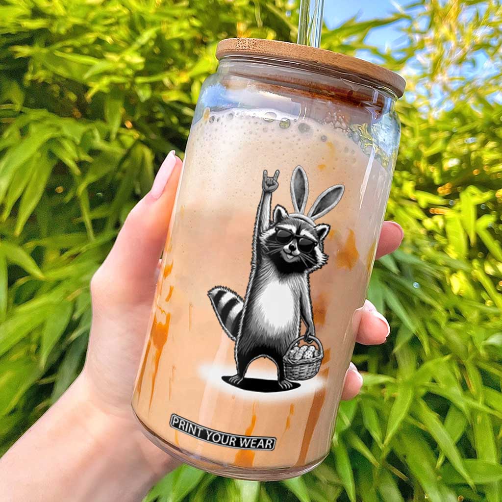 Retro Easter Raccoon Bunny Rock Hand Trash Panda Glass Can TS11 Black Print Your Wear