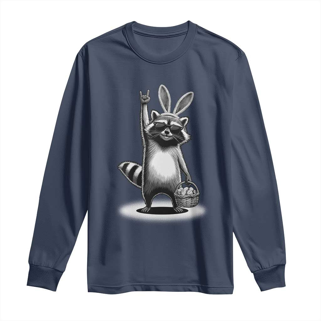 Retro Easter Raccoon Bunny Rock Hand Trash Panda Long Sleeve Shirt TS11 Navy Print Your Wear