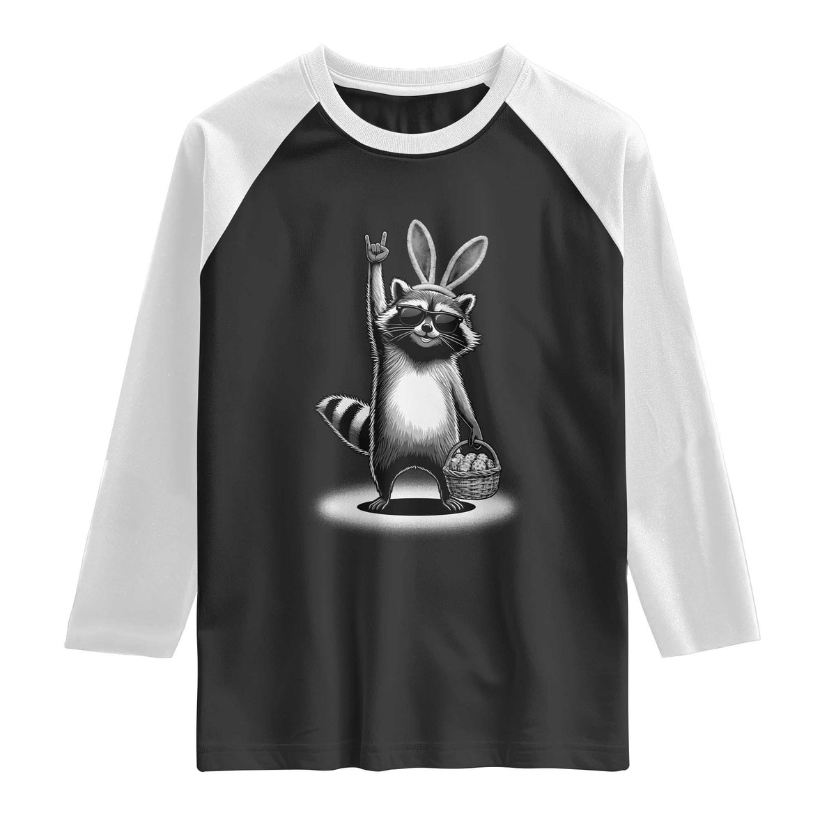 Retro Easter Raccoon Bunny Rock Hand Trash Panda Raglan Shirt TS11 Black White Print Your Wear