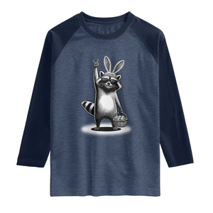 Retro Easter Raccoon Bunny Rock Hand Trash Panda Raglan Shirt TS11 Heather Denim Navy Print Your Wear