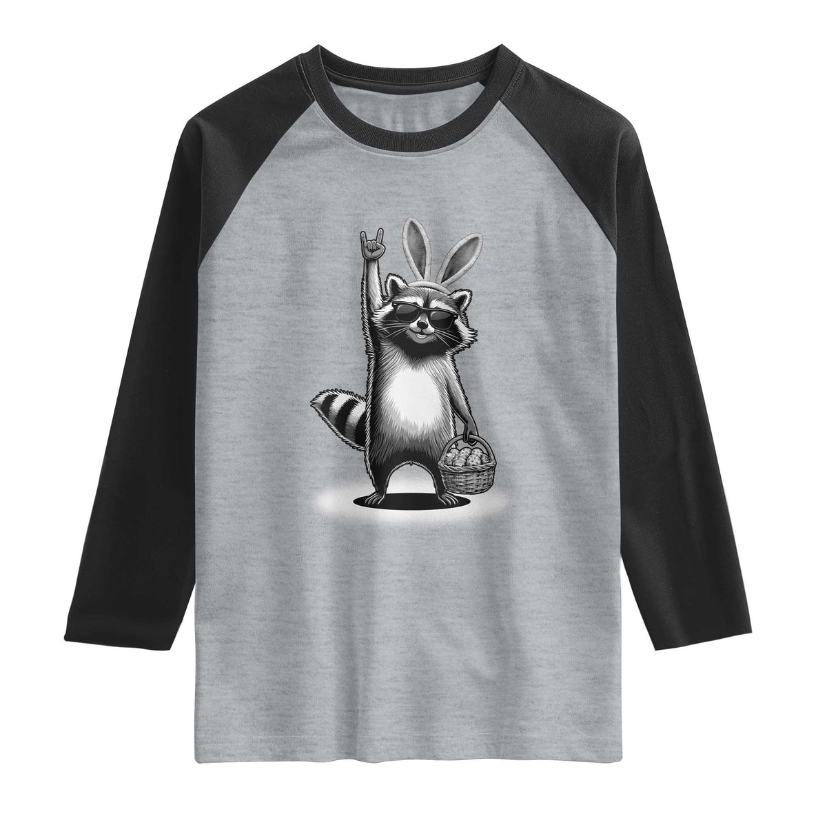 Retro Easter Raccoon Bunny Rock Hand Trash Panda Raglan Shirt TS11 Heather Gray Black Print Your Wear