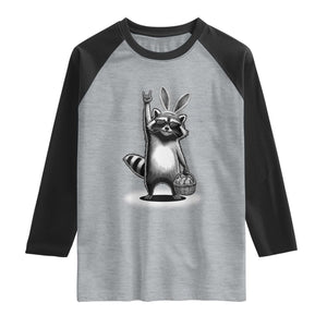 Retro Easter Raccoon Bunny Rock Hand Trash Panda Raglan Shirt TS11 Heather Gray Black Print Your Wear