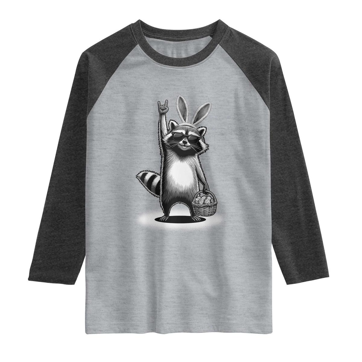 Retro Easter Raccoon Bunny Rock Hand Trash Panda Raglan Shirt TS11 Heather Gray Heather Charcoal Print Your Wear
