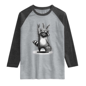 Retro Easter Raccoon Bunny Rock Hand Trash Panda Raglan Shirt TS11 Heather Gray Heather Charcoal Print Your Wear