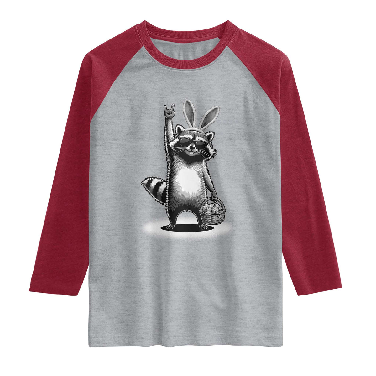 Retro Easter Raccoon Bunny Rock Hand Trash Panda Raglan Shirt TS11 Heather Gray Heather Red Print Your Wear