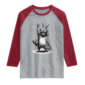 Retro Easter Raccoon Bunny Rock Hand Trash Panda Raglan Shirt TS11 Heather Gray Heather Red Print Your Wear