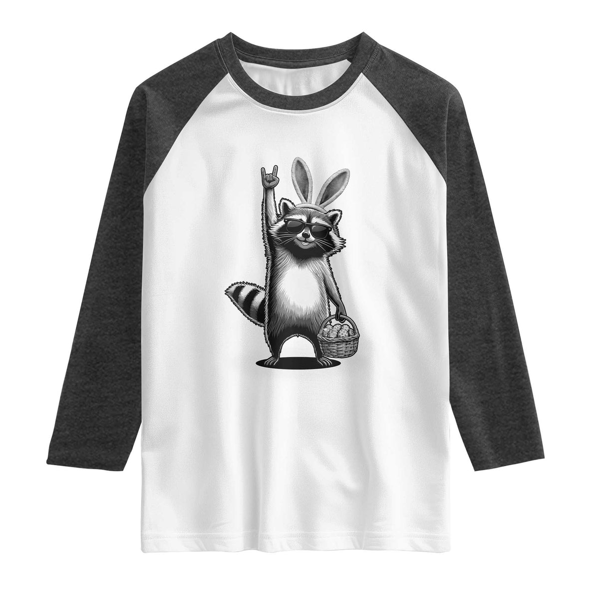 Retro Easter Raccoon Bunny Rock Hand Trash Panda Raglan Shirt TS11 White Heather Charcoal Print Your Wear