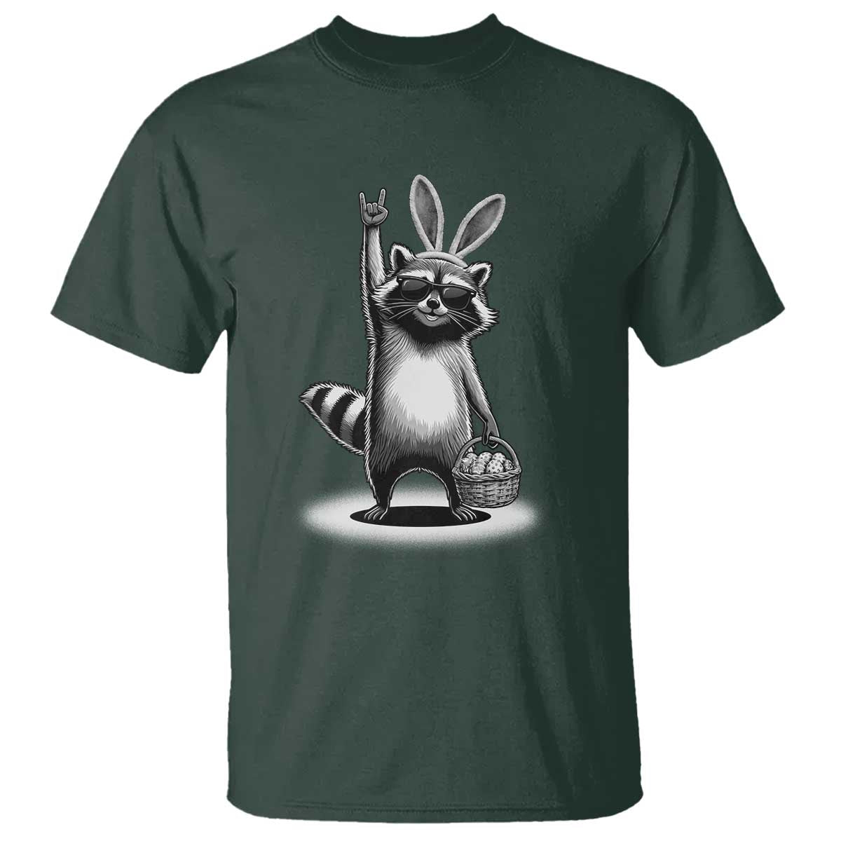 Retro Easter Raccoon Bunny Rock Hand Trash Panda T Shirt TS11 Dark Forest Green Print Your Wear