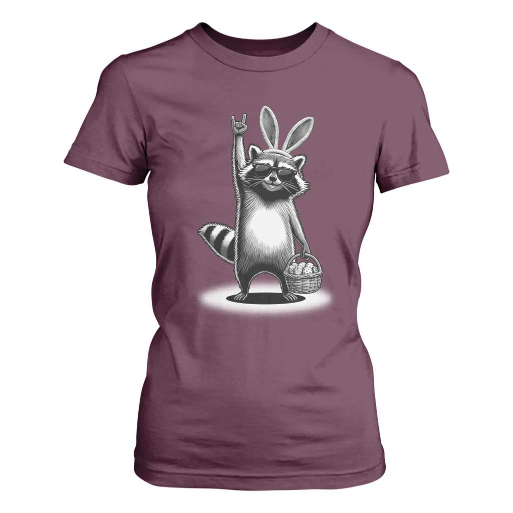 Retro Easter Raccoon Bunny Rock Hand Trash Panda T Shirt For Women TS11 Maroon Print Your Wear