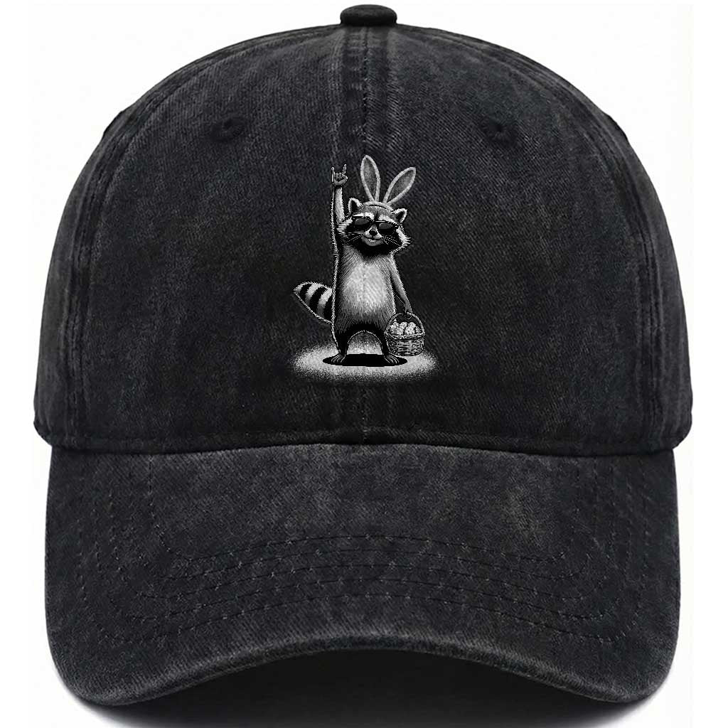 Retro Easter Raccoon Bunny Rock Hand Trash Panda Washed Cotton Baseball Cap