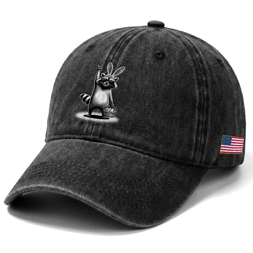 Retro Easter Raccoon Bunny Rock Hand Trash Panda Washed Cotton Baseball Cap